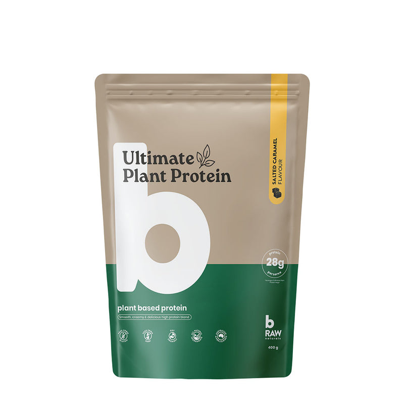 Beige and green protein powder package with 'Ultimate Plant Protein' branding on a white background - Salted Caramel 400g