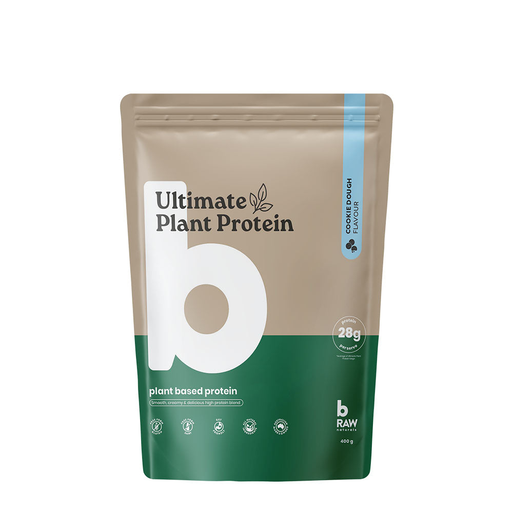 Beige and green protein powder package with 'Ultimate Plant Protein' branding on a white background - Cookie Dough Flavour 400g