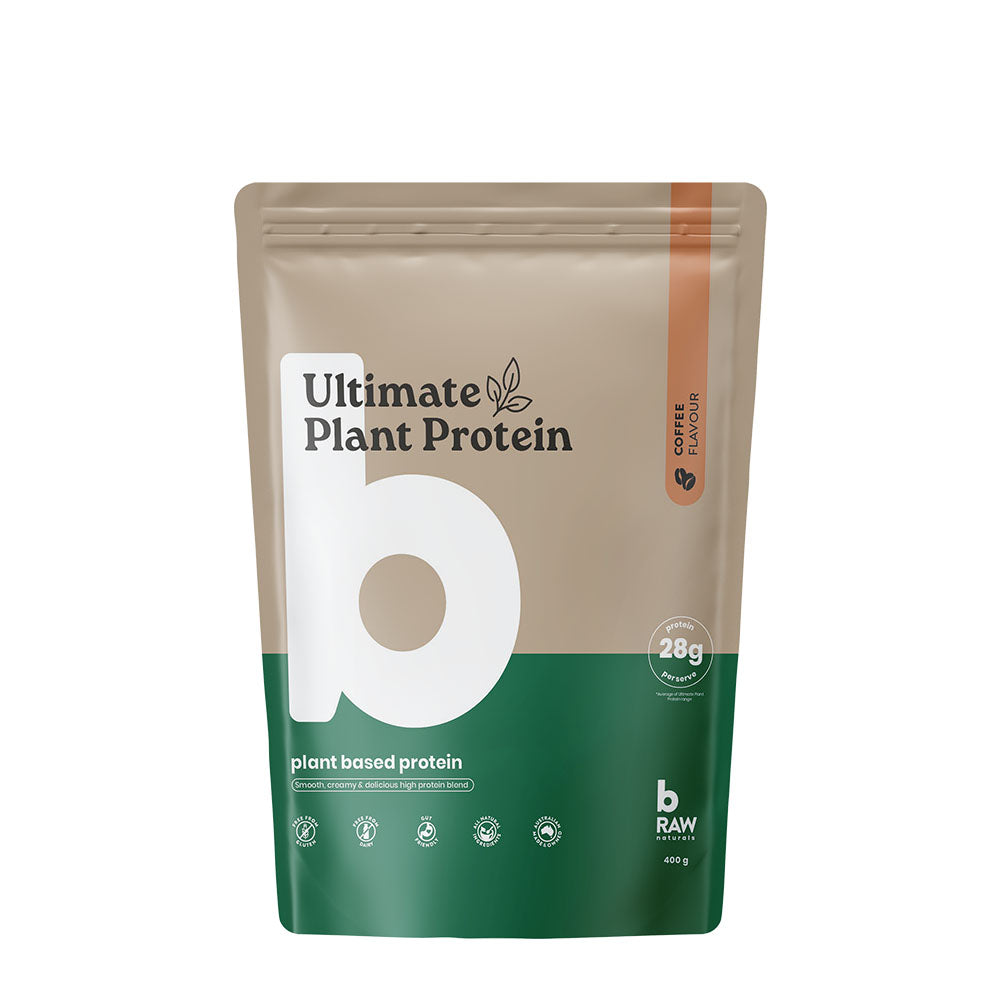 Beige and green protein powder package with 'Ultimate Plant Protein' branding on a white background- 400g Coffee