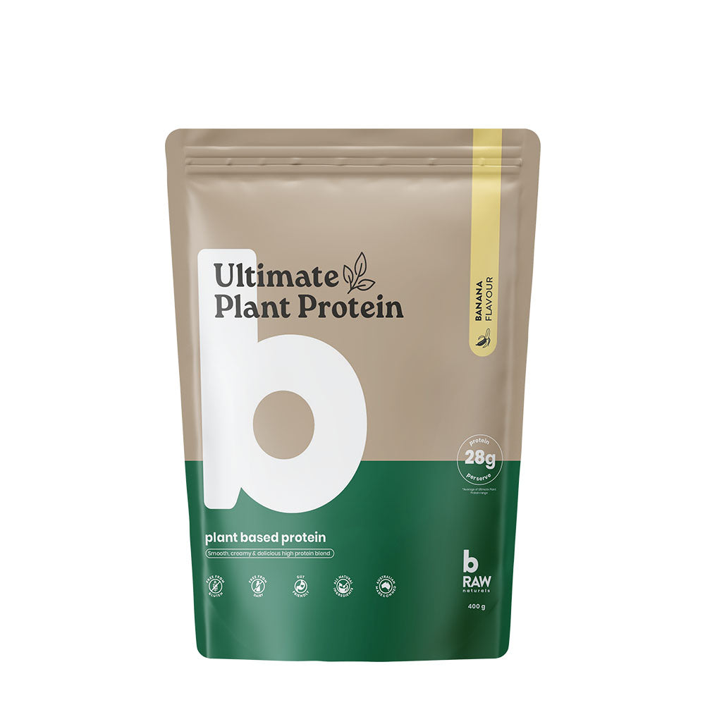 Beige and green protein powder package with 'Ultimate Plant Protein' branding on a white background. Banana Flavour - 400g