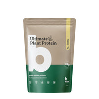 Beige and green protein powder package with 'Ultimate Plant Protein' branding on a white background. Banana Flavour - 400g