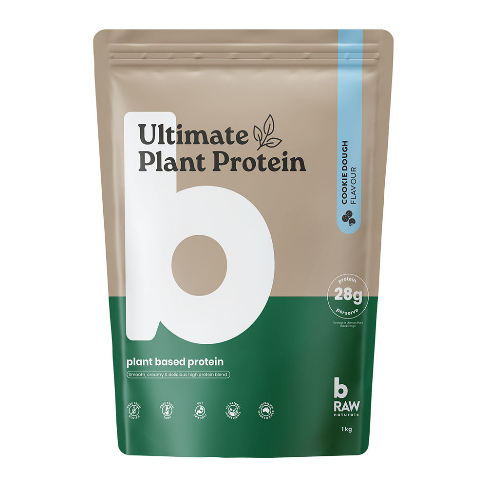Beige and green protein powder package with 'Ultimate Plant Protein' branding on a white background - Cookie Dough Flavour 1kg