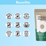 bRaw plant protein health icons showing natural ingredients, gluten free formula, superfoods and ancient grains